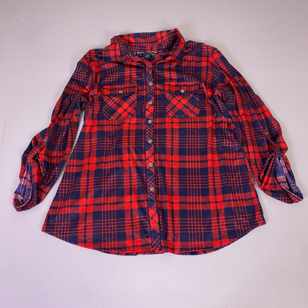 Polly & Esther Flannel Shirt Women's Plus 2X Red Navy Blue Plaid Roll Tab Sleeve
